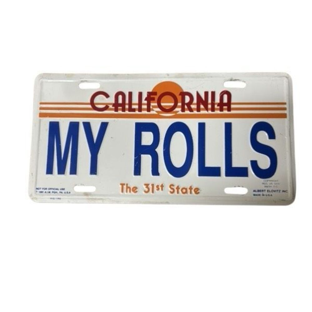 VTG 1991 California License Plate Novelty Sign MY ROLLS Albert Elovitz Metal